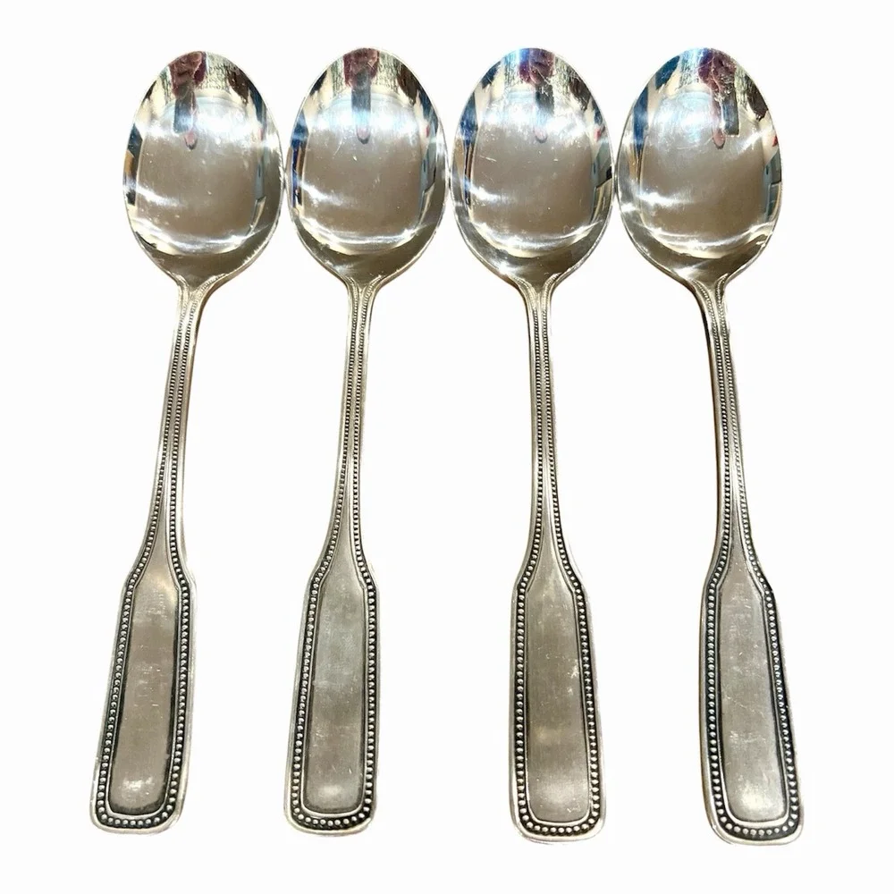 Salem 1776 Stainless SET OF 4 Oval Soup Spoons Beaded Edge Flatware Vintage 70s